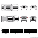 Illustration of a 10" Racing Stripe kit applied to cars and trucks.