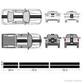 Illustration of a 6" Racing Stripe kit applied to cars and trucks. 