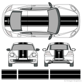 Front and rear view of dual rally stripes on a new Volkswagen Beetle