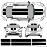 Front and rear view of EZ rally stripes on a new Volkswagen Beetle