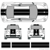Front and rear view of dual rally stripes on an old Volkswagen Beetle