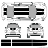 Front and rear view of EZ rally stripes on an old Volkswagen Beetle