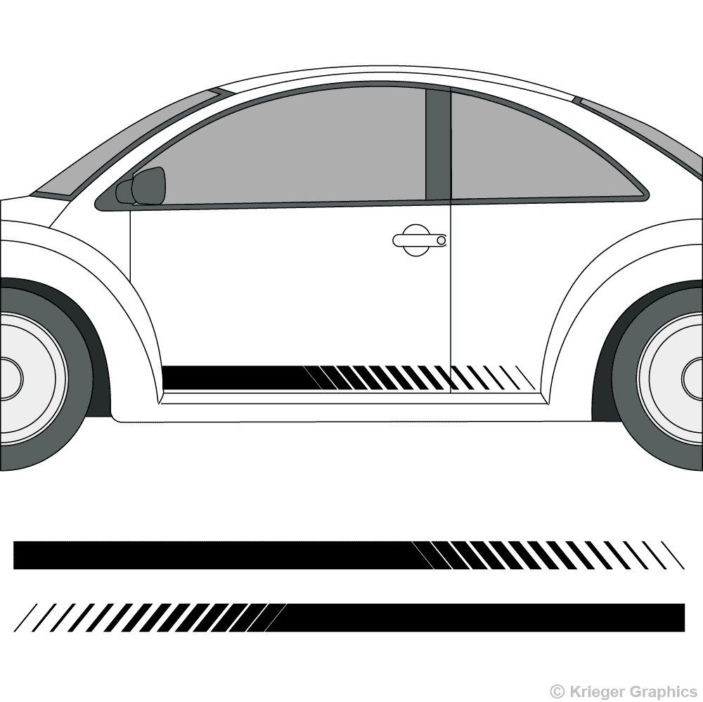 Driver’s side view of faded rocker stripes on a Volkswagen Beetle