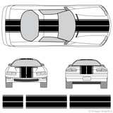 Front and rear view of dual rally stripes on a Chevy Camaro