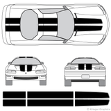 Front and rear view of EZ Rally stripes on a Chevy Camaro