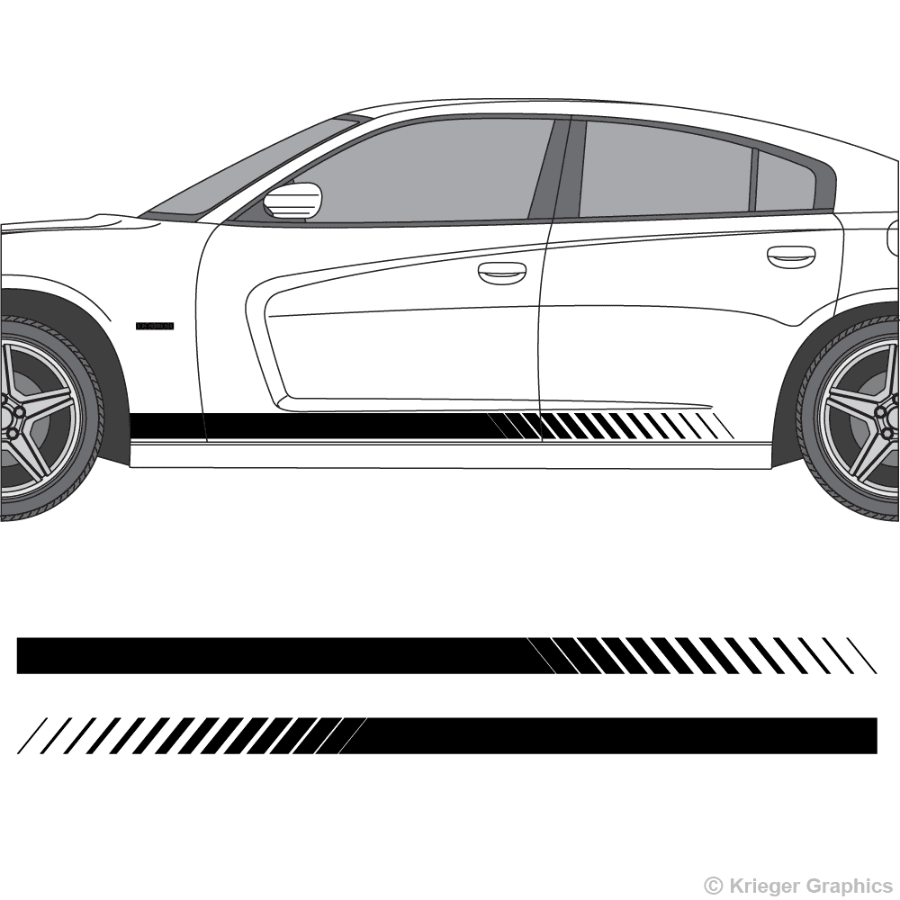 Driver’s side view of faded rocker stripes on a new Dodge Charger