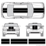 Front and rear view of dual rally stripes on an old Dodge Charger