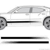 Driver’s side view of faded rocker stripes on an old Dodge Charger