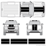 Front and rear view of dual rally stripes on a Chevy Colorado