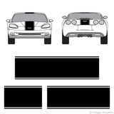 Front and rear view of center stripes on a Chevy Corvette