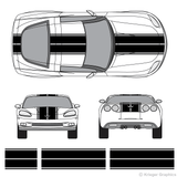 Front and rear view of dual rally stripes on a Chevy Corvette