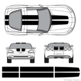 Front and rear view of EZ rally stripes on a Chevy Corvette