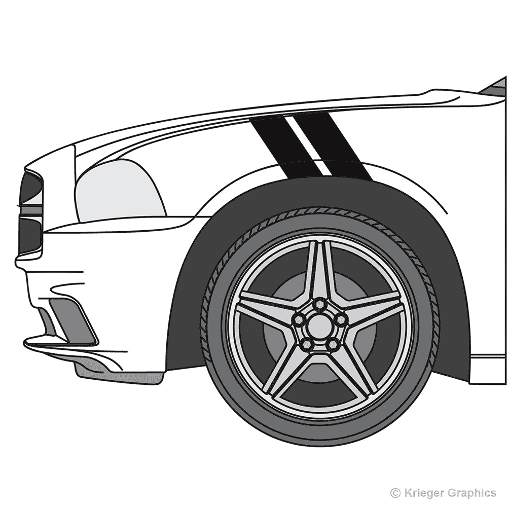 Driver’s side view of hash mark stripes on a Dodge Charger