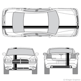 Front and rear view of offset stripes on a Dodge Charger