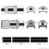 Illustration of a Dual Rally Racing Stripe kit applied to cars and trucks.