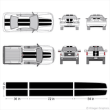 Illustration of an EZ Rally Racing Stripe kit applied to cars and trucks.