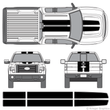 Front and rear view of EZ rally stripes on a Ford F-150