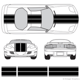 Front and rear view of dual rally stripes on a Pontiac Firebird