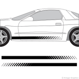 Driver’s side view of faded rocker stripes on a Pontiac Firebird