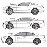 Illustration of a Hash Mark Stripe kit applied to several cars.