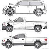 Illustration of a Hash Mark Stripe kit applied to several trucks.