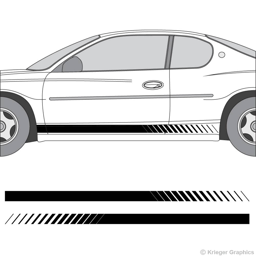 Driver’s side view of faded rocker stripes on a Chevy Monte Carlo