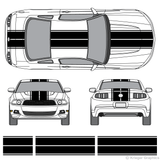 Front and rear view of dual rally stripes on a new Ford Mustang