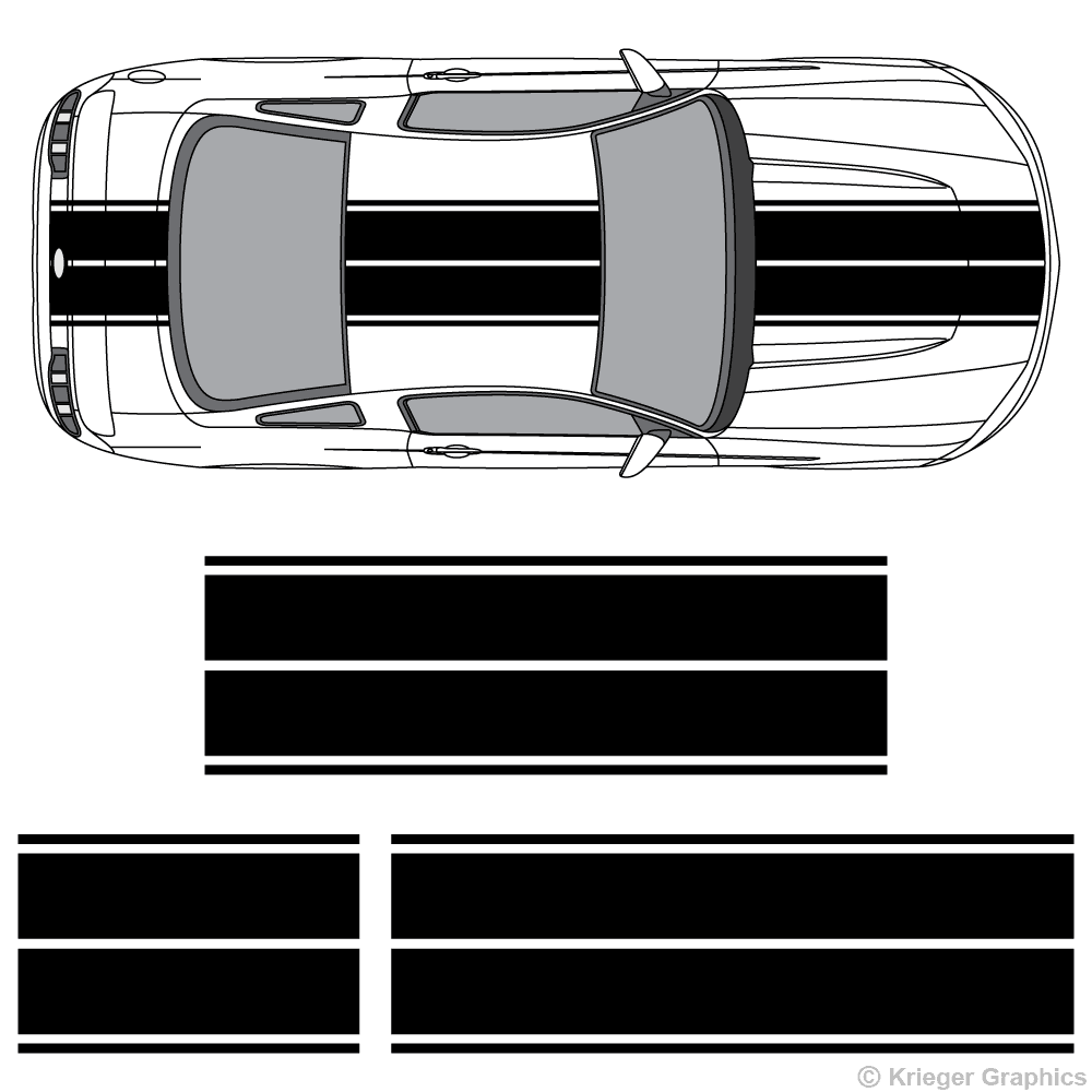Top view of dual rally stripes on a new Ford Mustang