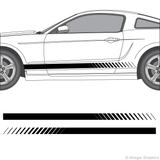 Driver’s side view of faded rocker stripes on a New Ford Mustang
