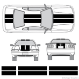 Front and rear view of 10" stripes on an old Ford Mustang