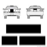 Front and rear view of center stripes on an old Ford Mustang