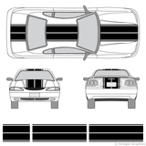 Front and rear view of dual rally stripes on an old Ford Mustang