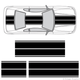 Top view of dual rally stripes on an old Ford Mustang