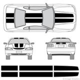 Front and rear view of EZ rally stripes on an old Ford Mustang