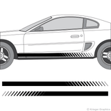 Driver’s side view of faded rocker stripes on an old Ford Mustang