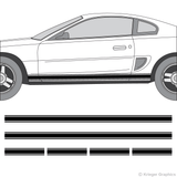 Driver’s side view of rocker stripes on an old Ford Mustang
