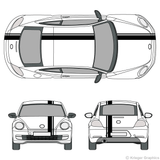 Front and rear view of offset stripes on a new Volkswagen Beetle