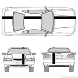 Front and rear view of offset stripes on an old Ford Mustang