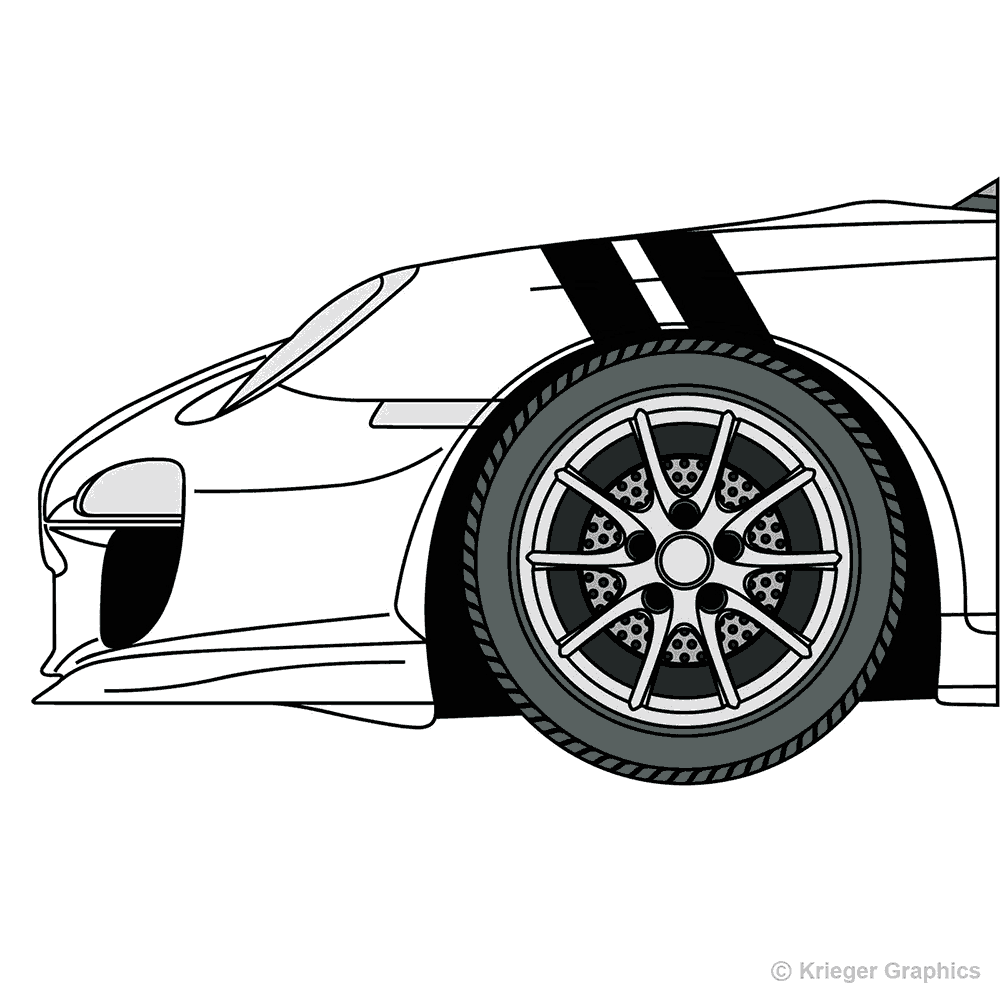 Driver’s side view of hash mark stripes on a Porsche 911