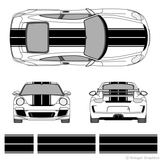 Front and rear view of dual rally stripes on a Porsche 911