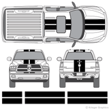 Front and rear view of 10"stripes on a Dodge Ram