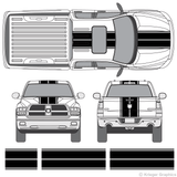 Front and rear view of dual rally stripes on a Dodge Ram