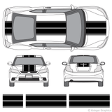 Front and rear view of dual rally stripes on a Scion tC