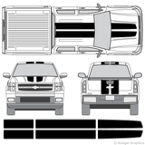 Front and rear view of EZ rally stripes on a Chevy Silverado
