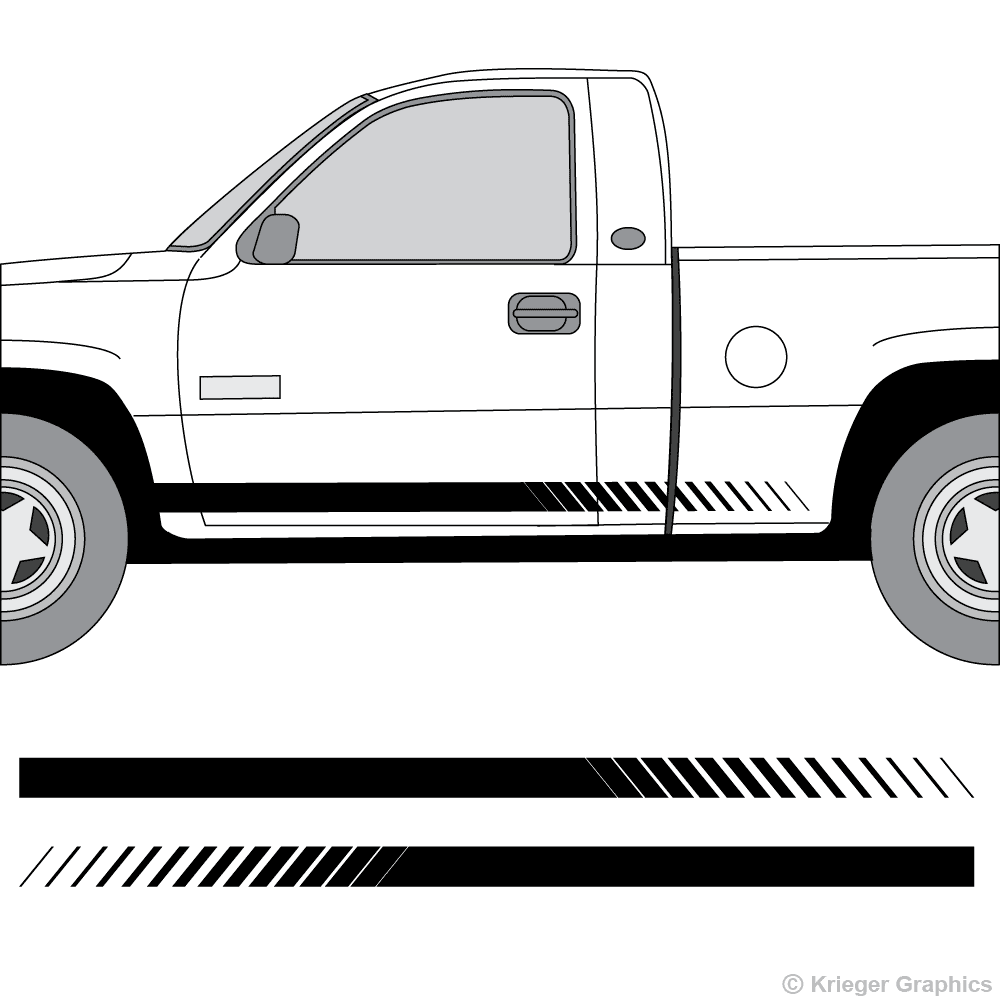 Driver’s side view of faded rocker stripes on a Chevy Silverado