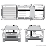 Front and rear view of offset stripes on a Chevy Silverado