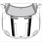 Illustration of 3M tapered vinyl racing stripes on a Mini Cooper hood