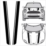 Illustration of 3M tapered vinyl racing stripes on a Mini Cooper hood