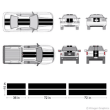 Illustration of a 10" Racing Stripe kit applied to cars and trucks. 