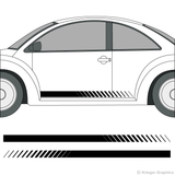 Driver’s side view of faded rocker stripes on a Volkswagen Beetle